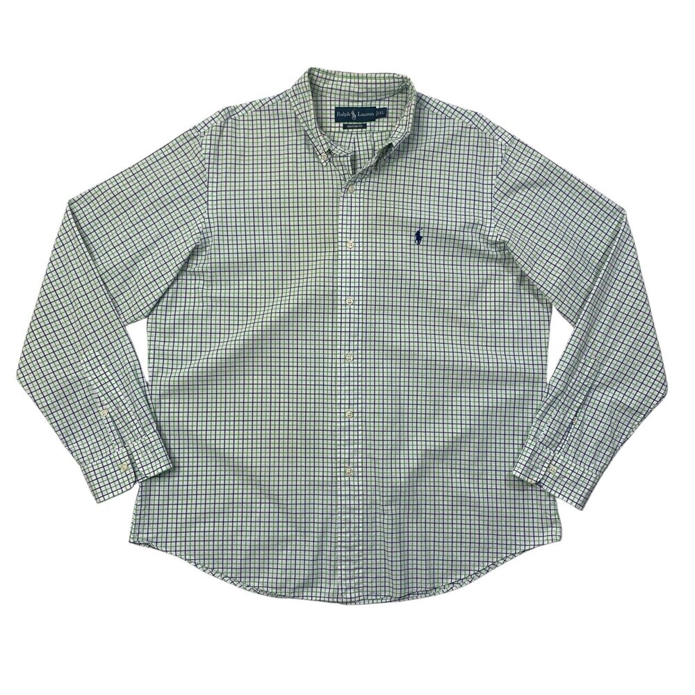 Ralph Lauren Shirt Mens XL Blue Green Cotton Custom Fit Plaid Long Sleeve